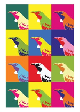 A Pop Art style, brightly coloured, tui tile design greeting card.
