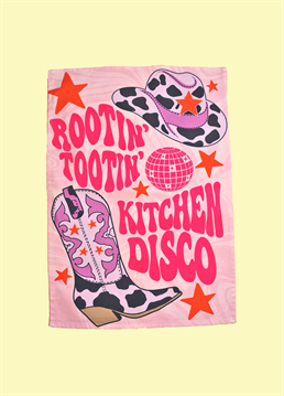 <p>Get ready to boogie while doing the dishes! Our Cowboy Kitchen Disco Tea Towel by Printed Weird has a fun western design to bring some fun into your kitchen. Perfect for the cowgirls, the lightweight fabric is great for drying dishes and looking fabulous.</p>
<p>- 230gsm Half Panama Cotton</p>
<p>- Made in the UK</p>
<p>- 45cm x 68cm</p>
<p>- Hanging loop&nbsp;</p>
<p>This item is sent seperately from our cards so they will not arrive together</p>