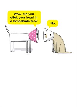 The dreaded cone of shame, every dog's been there. Make your dog-owning pals laugh with this silly Tillovision card.