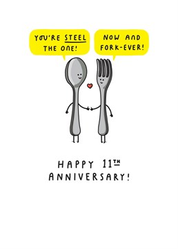 Celebrate 11 forking great years with this cute steel anniversary card!