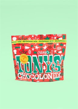 Tony's Chocolonely's Tiny Tony's Christmas Mix is filled with our favourite milk, milk hazelnut and white Fairtrade chocolate. All wrapped up in Christmas colours and ready for sharing! Hand them out, hang them on the tree or hide one in the coat pocket of someone you fancy. Perfect for sharing&hellip;apparently! Contains Milk and Nuts.