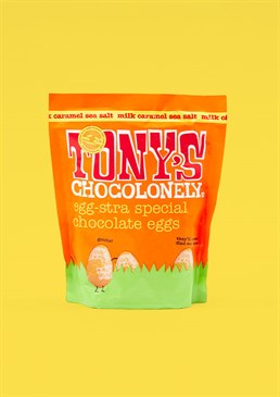 <ul>    <li>Egg-stra special chocolate eggs! </li>    <li>Milk caramel sea salt 32% </li>    <li>178g (14 eggs) of Easter-y deliciousness </li>    <li>100% slave free product </li>    <li>Recyclable plastic-free packaging </li>    <li>To share or not to share&hellip;</li></ul><p>You fell in love with the chocolate bar, now this Easter you can enjoy your favourite Chocolonely flavour in mini egg form with this brilliant pouch&hellip; We dare you not to demolish it all in one sitting! Make a Tony&rsquo;s Chocolonely fan extra hoppy with this egg-ceptional chocolate Easter treat. These bite-size eggs are lovingly made from Tony&rsquo;s milk chocolate with caramel and sea salt flavour and are far too good to resist! </p><p><strong>Please be aware that this product contains milk and soya, and may contain traces of gluten, eggs, peanuts and tree nuts.</strong></p>