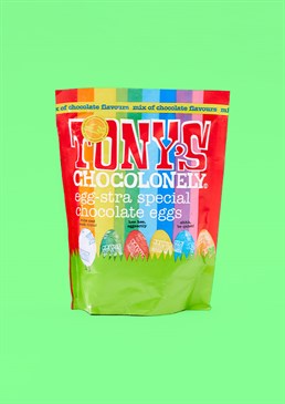<ul><li>Egg-stra special chocolate eggs! </li><li>8 x bestselling Tony&rsquo;s flavours </li><li>255g (20 eggs) of Easter-y deliciousness </li><li>100% slave free product </li><li>Recyclable plastic-free packaging </li><li>To share or not to share&hellip; </li></ul><p>Eggs, eggs, eggs across the board! Can&rsquo;t choose just one? This Easter you can enjoy all your favourite Chocolonely flavours in mini egg form with this brilliant mixed pouch filled with all the colours of the rainbow. Make a Tony&rsquo;s Chocolonely fan extra hoppy with this egg-ceptional chocolate Easter treat.</p><p>Chocolate egg flavours included in each bag are: Milk 32%, Milk caramel sea salt 32%, Milk hazelnut 32%, Milk almond honey nougat 32%, Dark milk 42%, Dark almond sea salt 51%, Extra Dark 70% and White 28%. Please be aware that this product contains milk, hazelnuts, almonds, soya, egg and may contain traces of gluten, peanuts and tree nuts.</p><div> </div><p> </p>