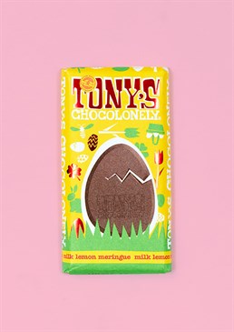 <ul><li>Simply the zest chocolate treat! </li><li>Milk lemon meringue 32% </li><li>180g of Easter-y deliciousness </li><li>100% slave free product </li><li>Suitable for vegetarians</li></ul><p>Is it an Easter egg? Is it a chocolate bar? No! It&rsquo;s an egg INSIDE a special Easter Tony&rsquo;s chocolate bar! Make a Tony&rsquo;s Chocolonely fan extra hoppy with this egg-ceptional chocolate Easter treat.</p><p>Hunt out the egg hidden inside this Fairtrade Belgian milk chocolate bar, containing freeze dried lemon and meringue made from free range eggs for a unique new seasonal flavour, evocative of Spring! Please be aware that this chocolate contains milk, eggs, wheat, soya and may contain traces of peanuts and tree nuts.</p>