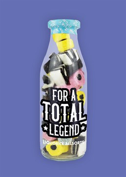 <ul>    <li>A legendary dose of nostalgia!</li>    <li>Mix of traditional Liquorice Allsorts</li>    <li>350g of sweet goodness</li>    <li>Great gift for big and little kids</li>    <li>Presented in a classic, reusable milk bottle</li></ul><p>Whether to say Happy Birthday, thanks a million or congrats, send this jar of nostalgic treats to a 'Total Legend' to make them smile and properly take them on a trip down memory lane! Liquorice can be an acquired taste but those who love it, REALLY love it! Surprise a firm liquorice lover with this bountiful selection of lip-smacking Liquorice Allsort sweets in the traditional style and colours, full of flavours you remember from your childhood: black liquorice, coconut, sweet sugar, aniseed and fruit flavourings. These classic sweets just got a whole lot more fun... And legendary!</p><p>These stylish, novelty bottles make a unique birthday gift for all ages and the perfect solution to throwing away packaging. With less than 1% packaging waste, feel smug that you're treating yourself to something delicious whilst helping the environment!&nbsp;</p><p><strong>Please be aware that this product contains wheat, and is packed in a facility that also handles cereals containing gluten, milk, mustard, celery, nuts, peanuts, soya, sesame and sulphites.</strong></p>