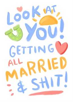 Wish the newly weds a happy wedding day with this bright and silly marriage card!