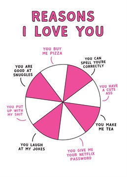 These so many reasons you love them, they buy the pizza, spell you're correctly but most importantly they have a cute ass! Show why you love them with this awesome Valentine's card by Scribbler. Also perfect for an anniversary.