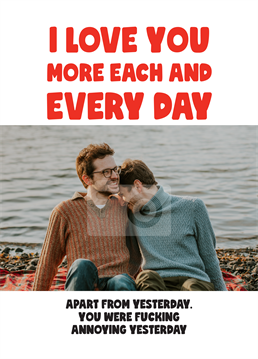 If your partner was fucking annoying yesterday, be sure to let them know with this photo upload Valentine's Anniversary card by Scribbler.