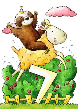 Have you ever seen a sloth riding a sheep over a hedge? No? Well a seven year old will! When you buy them this card. Time to celebrate in slothy style. Designed by Vicky Kuhn Illustration. .