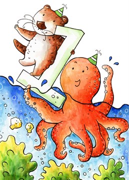 It's their first birthday! The most important one of them all! So why not celebrate this great day by sending a cute otter and octopus card. Designed by Vicky Kuhn Illustration. .