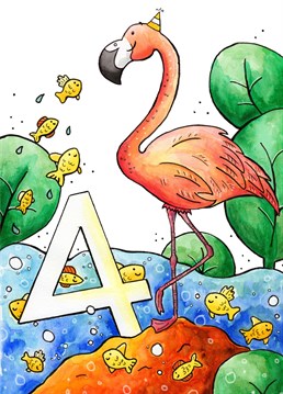 If it's someone's fourth birthday they deserve this fabulous flamingo and their fishy friends to wish them well! Send this cute animal card and let the celebrations begin! Designed by Vicky Kuhn Illustration. .