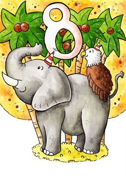 If it's someone's eighth birthday they deserve this entertaining elephant and eagle to wish them well! Send this cute animal card and let the celebrations begin! Designed by Vicky Kuhn Illustration. .