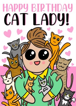 Raise a smile with this cat lady cartoon birthday card!