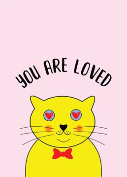 This chic minimal loving style greeting card featuring a lovely cute kawaii style funny smiling fat cat cartoon illustration with loving red heart eyeballs and the text " you are loved " on a light pink background is a nice choice for the valentine's holiday greeting or special occasion such as birthday, wedding anniversary, etc.