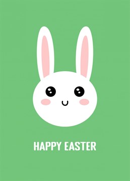 This cute lovely happy Easter holiday greeting card with a kawaii smiling bunny head on a green background is a nice choice to send a Easter holiday greeting to your family, friends and your special one.