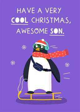 Send your best Christmas wishes with this bright and fun illustrated penguin Christmas card for the coolest son around! Designed by Zoe Spry.