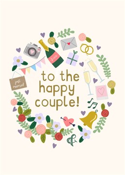 Send your best wishes to the happy couple on their big day with this fresh and bright illustrated wedding card. This card was designed to reference no specific gender in the illustrations or text so is suitable for all types of couple!