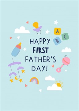 Send your love and best wishes on the new dad's first Father's Day! Featuring text surrounded by cute illustrations, this card is perfect for his first Father's Day Celebration.