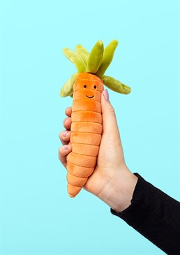 Fantastic texture.     Beautiful, vibrant colour.     Sweet facial expression.     Perfect for both kids and adults.     Great for any carrot fan. Show them you carrot by giving them one of their five a day in the form of a super soft and friendly bright coloured cuddly Jellycat toy. With it's unique shape mimicking one of the best root vegetables out there, this will not only make them laugh but also give them comfort. It is guaranteed to become a fast favourite no matter who the recipient may be. 24cm height by 5cm width.