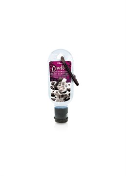 62% Ethyl Alcohol.  Carabiner clip so easy to find!.  Black Coconut Flavour.  Added Moisturiser.  Non drying & Non sticky.  This brilliant hand Sanitiser from Mad Beauty contains added moisturiser and so is non drying and non sticky! It comes with a carabiner clip so is easy to find and can be attached to your bag. It contains 62% Ethyl Alcohol so keeps you safe from nasty germs. Each character is a different flavour. Cruella is black coconut.