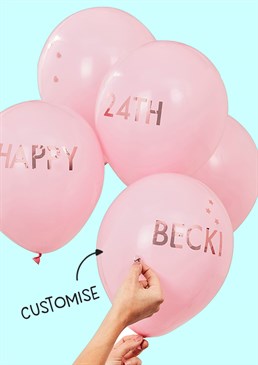 Personalise your balloons with our fab pink and rose gold balloon set! .  Contains 5 balloons and 12 letter and number sheets. .  Create unique balloons for any special occasion.  Add a custom touch to your decorations with these fab pink and rose gold personalised balloons Each birthday balloon pack contains 5 x 12 inch balloons with 12 rose gold letter and number sheets.
