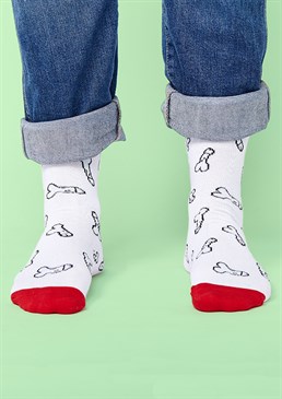 Feeling cocky? Fab socks with knobs on Great gift if you know one Made from: 77% cotton, 22% polyamide, 1% elastane Unisex size 6-11 Cock-a-doodle-doo! Why not send the top tier gift of a pair of white and red socks covered in doodles of cocks &ndash; great for all occasions! It takes a special kind of person to strut their stuff in this ballsy design but trust us, they're seriously comfy and will keep most adult's toes cosy and warm. We're sure you can think of a few people who deserve these rude, novelty socks in their life!  New In Most Popular For Him Gifts Under A Tenner Secret Santa Stocking Fillers Accessories Socks Scribbler Exclusive