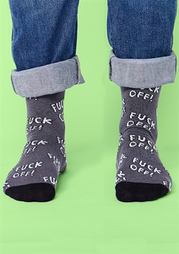 Put a sock in it! Morning mood Great gift for a grump Made from: 77% cotton, 22% polyamide, 1% elastane Unisex size 6-11 Not had your second cup of coffee yet? Rock these socks and tell everyone where they can go&hellip; Why not send the top tier gift of a pair of grey and black socks covered in the F bomb &ndash; great for all occasions and situations! It takes a special kind of person to strut their stuff in this ballsy design but trust us, they're seriously comfy and will keep most adult's toes cosy and warm. We're sure you can think of a few people who deserve these rude, novelty socks in their life!  New In Most Popular For Him Gifts Under A Tenner Secret Santa Stocking Fillers Accessories Socks Scribbler Exclusive