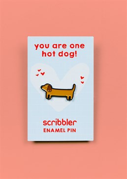 Hot Dog Pin Badge. This adorable enamel pin badge is a Scribbler exclusive product and the perfect gift for showing a special someone some puppy love! Ideal for pinning to bags and clothing, this little sausage will melt the heart of any Dachshund super fan.