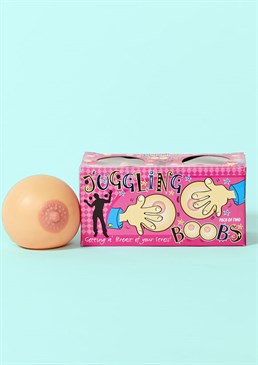Get a breast of your stress!.  Adult novelty gift.  Bouncing boob-shaped balls.  A perfect pair.  One for each hand. Monogamy is important, so we recommend that you practice your juggling skills with a lovely pair of breasts instead of with various partners. These would make a cheeky Valentine's gift for your partner to enjoy playing with   when yours aren't available, of course. These boobs also double as a soothing stress-ball, perfect for your desk at work. Or why not treat your hopelessly single mate to the closest thing they'll get to reaching second base for a while. We wouldn't want them to get too out of practice!