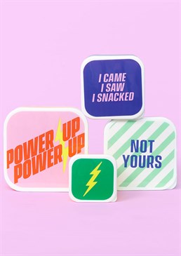 You got the power!. For your tummy only. Snack in style. Set of 4 x different sized boxes. Extra small: 3.8cm high, 6.6cm wide; Small: 4.2cm high, 9cm wide; Medium: 5cm high, 10.5cm wide; Large: 5.5cm high, 12cm wide. If you have a secret love affair with tupperware, be still your beating heart, we have the perfect set to satisfy all your cravings and keep everything in its rightful place! These four seriously cute and colourful snack boxes are easily portable, stackable and can nest inside each other when not in use. Each with their own individual design and size, from extra small to large, they can take care of all your food storage needs! Whether you need a steady stream of snacks to get you through the working day, or simply want to come home to a meticulous looking and tidy fridge, these sealable boxes have your name on them! Or else they'd make a great gift for a fellow snack-aholic.