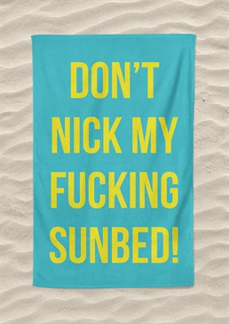 Bagsying sunbeds at the hotel pool is a holiday tradition akin to modern warfare and it's every man or woman for themselves. Stake your claim in true British fashion with this *slightly* aggressive beach towel. Machine washable. 147cm x 100cm - extra-large size! Made from 300gsm microfibre towelling. Please note this product is made to order and is non-returnable.<p>Cards and gifts are sent separately. View our Delivery page for more details on Gift processing and delivery times.</p>