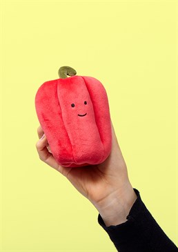 Cushiony texture. Bold colour. For any bell pepper fan. A friendly fruit cuddly toy. Ideal for kids and adults. This Jellycat red bell pepper toy is a fantastic edition to any cuddly collection. It's smiley appearance will bring comfort to any that it is given to and it's uniqueness will make others chuckle. Great for anyone who is a fan of this fruit! If they really can't get enough then why deprive them? Help them live there best five a day life with this fruity friend. 14cm height by 12cm width.