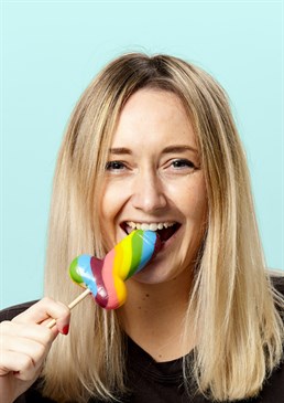 Lick me!.  Calling all cock-suckers.  The world's first multi-coloured, multi-flavoured penis lollipop.  Suitable for vegetarians and vegans. What's better than a lolly in the shape of a willy? A rainbow willy, of course! This Rainbow Cock Pop is the perfect shape to be sucked and makes for a highly satisfying sweet treat. It would make a brilliantly naughty gift for anyone who appreciates the male form, or who needs some practice on their technique. Please be warned that if you choose to enjoy this lolly in public, you may receive some odd looks!