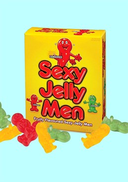 Fruity flavoured horny jelly men!. Delicious and moreish, with added appendage.... Perfect for Hens. A naughty twist on the classic Jelly Babies. Adults only. These look fairly innocent from a distance so fill a bowl at your next gathering and wait for the giggling to start! The brightly coloured box contains a 120g bag of fruity flavoured&nbsp; jelly men complete with stiff willies. Cheer someone up with a box of these! Cards and gifts are sent separately. Please view our Delivery page for more details on Gift processing and delivery times.