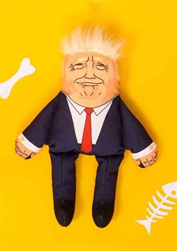 Give your cat a taste of politics with the Donald Trump Cat Toy!.  Realistic smug face.  Unable to use Twitter.  Uncanny hair resemblance. There definitely won't be any fake chews when you give Fluffy this realistic looking Donald Cat Toy! With uncanny resemblance both in the facial detail and its condescending look, your cat will just love batting about this president. To be sure that your anti-political puss doesn't break the poor president or endite him, the toy has been reinforced with cotton ribbon in its seams. Alas, like the leader of the free world, The Donald Cat Toy isn't completely secure. Meaning this product won't be suited to really sharp teeth or claws.