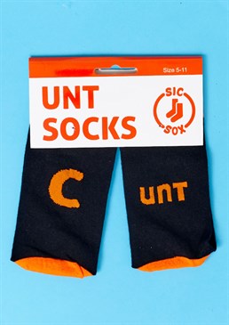 It takes one to know one. Odd socks? They complete each other!. Materials: 85% Cotton, 10% Polyamide, 5% Elastane. Fits UK sizes 5-11. Alone, these socks are perfectly innocent, but together, the wearer will reveal their true colours to the world in an obnoxious pop of orange. We've never come across a pair like them! These C-UNT socks would make a hilarious novelty gift for a friend, colleague, or anyone you think is a bit of a knobhead. Don't pull any punches in letting them know exactly how you feel, and these socks will forever serve as a subtle warning to anyone else who crosses their path!