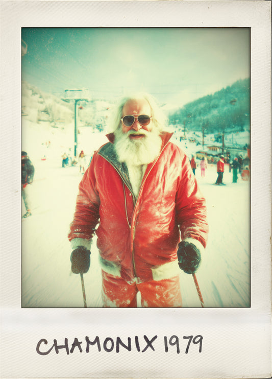 Retro Santa Polaroid Christmas Card — Chamonix 1979 Ski Santa
