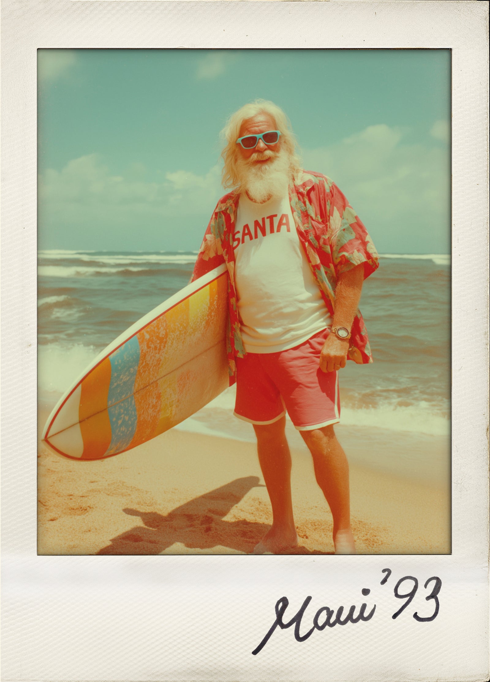 Retro Santa Polaroid Christmas Card — Maui ’93 Surfing Santa