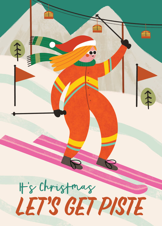 Funny Christmas Card - It's Christmas - Let's Get Piste - Skiing