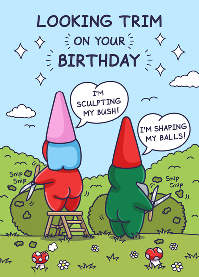 Trimming Bush And Balls - Funny Birthday Card - Nude Gardeners