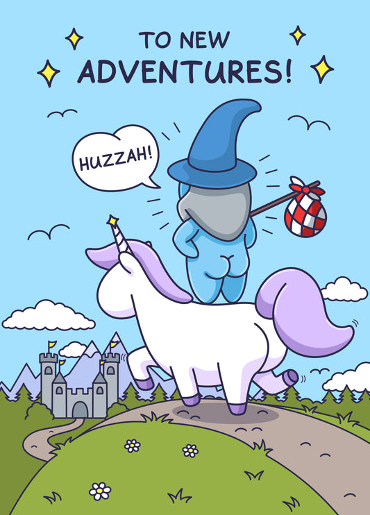 New Adventure - Humour Leaving Card - Wizard Bum And Unicorn