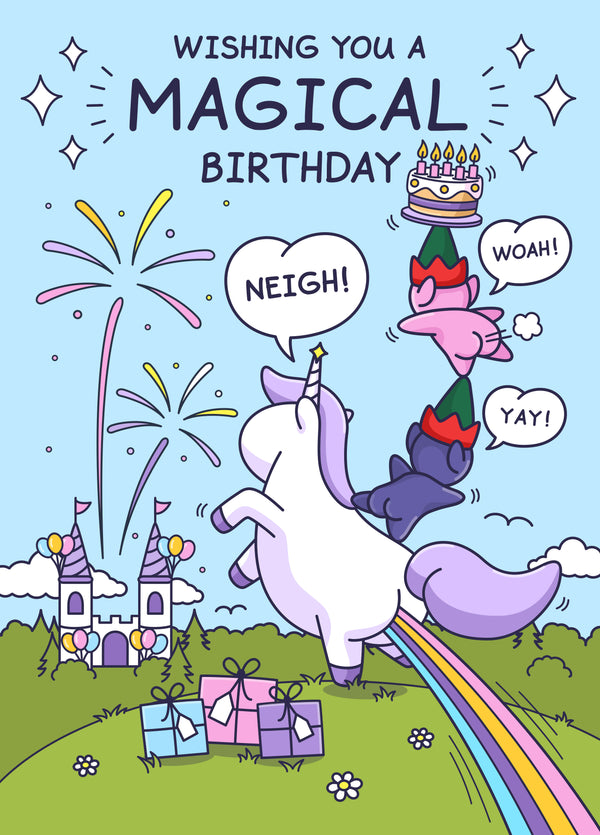 Cute Birthday Card For Girl - Magic Unicorn Rainbow And Cake