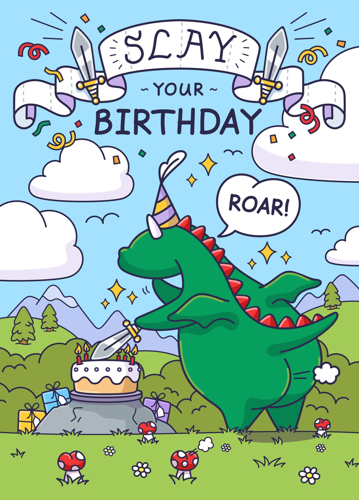 Funny Birthday Card - Slay Your Birthday - Party Dragon
