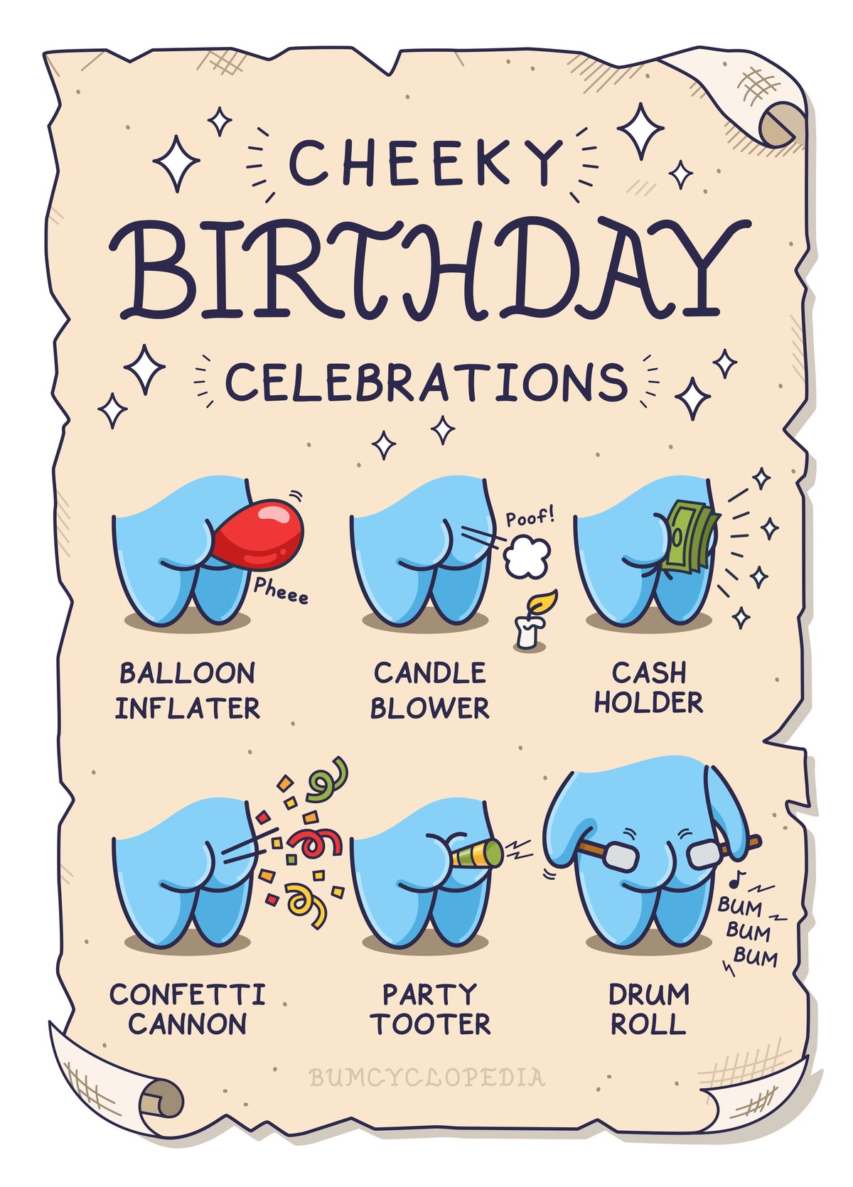 Funny Birthday Card - Cheeky Celebrations - Party Bumcyclopedia