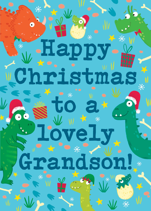 Cute Dinosaurs Christmas Card For Grandson -