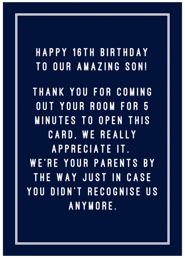 Funny Card For 16th Birthday Card For Son
