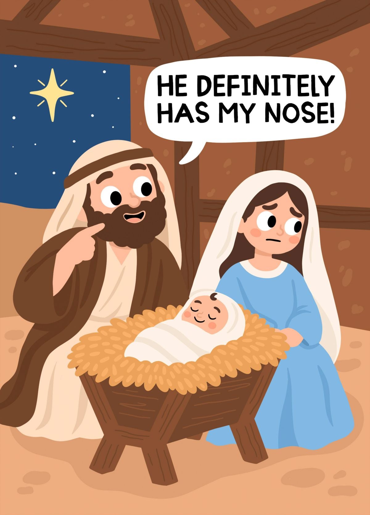 Funny Nativity Christmas Card – He Definitely Has My Nose
