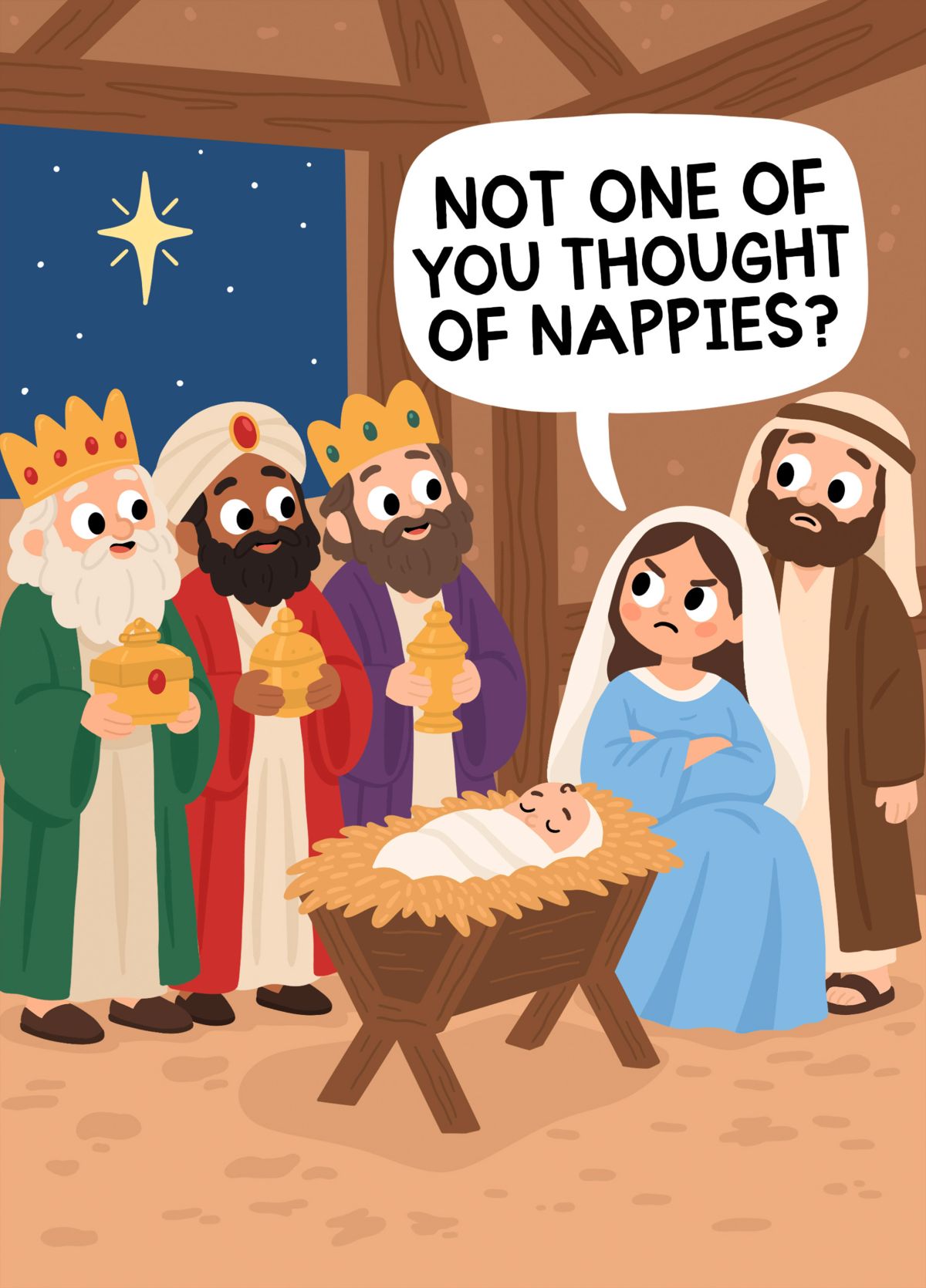 Funny Three Wise Men Christmas Card – Not One Of You Thought Of Nappies?