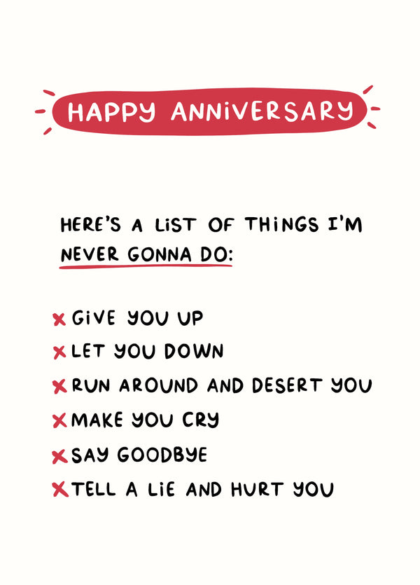 Funny Anniversary List Card - Rick Astley