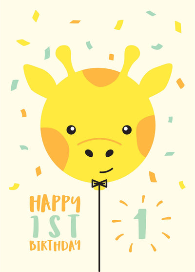 Giraffe Balloon 1st Birthday Card